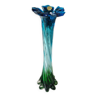 Flower-shaped soliflore vase. In blown Art glass. Handmade. High 30 cm