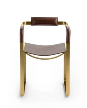 Armchair, Aged Brass Steel and Natural Tobacco Saddle Leather, Contemporary Style