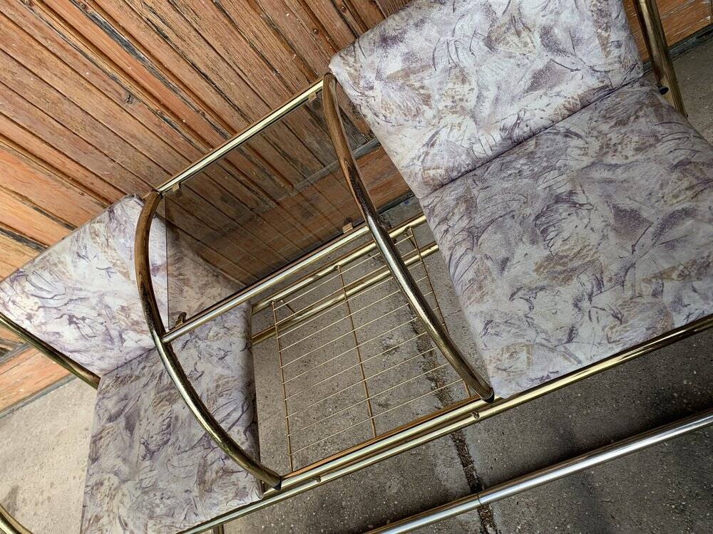 Vintage brass and glass bench, yellow colour, two-seater, tubular design from the 1950s.