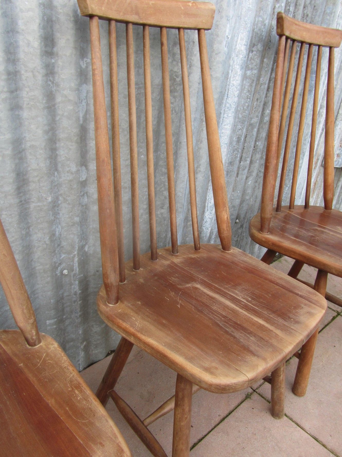 Scandinavian solid wooden high back spindle chairs, set of 4