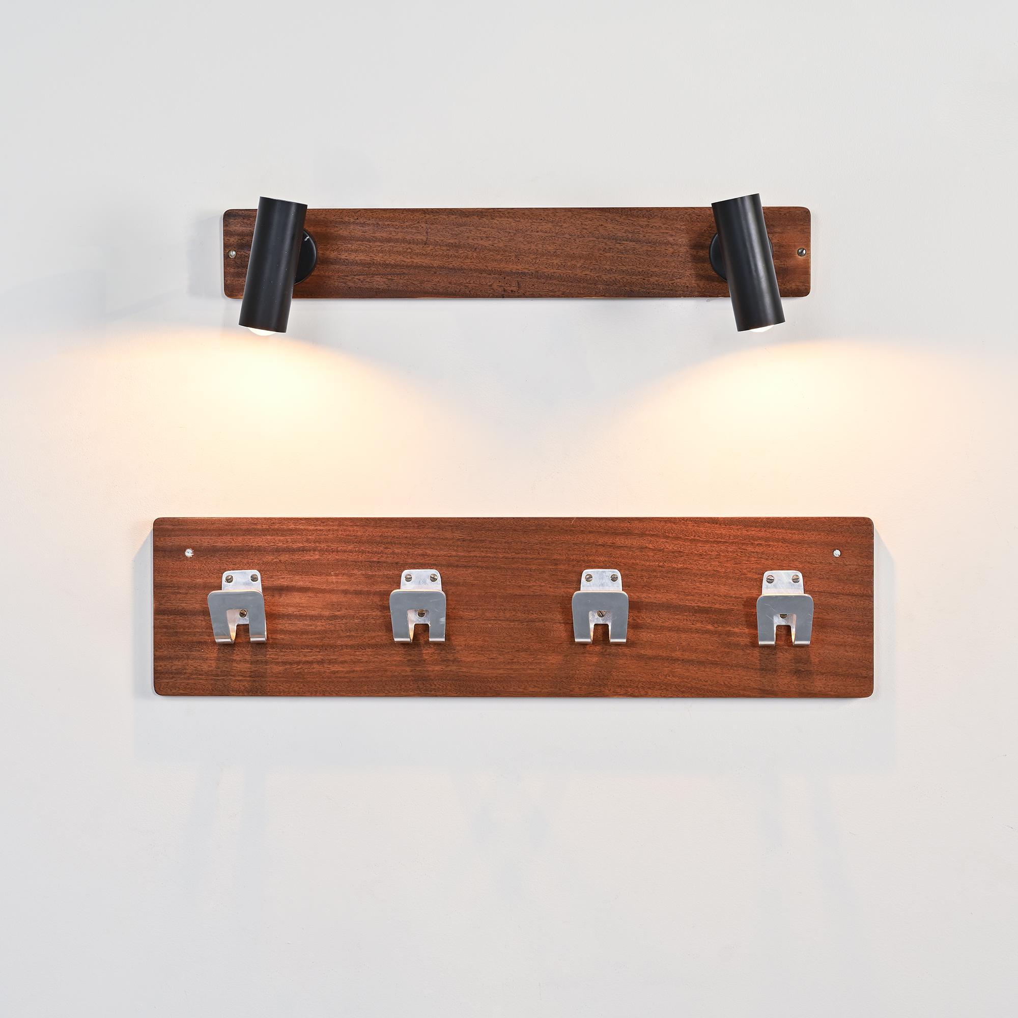 Wall coat rack and lights by Pierre Guariche for La Plagne, around 1968.