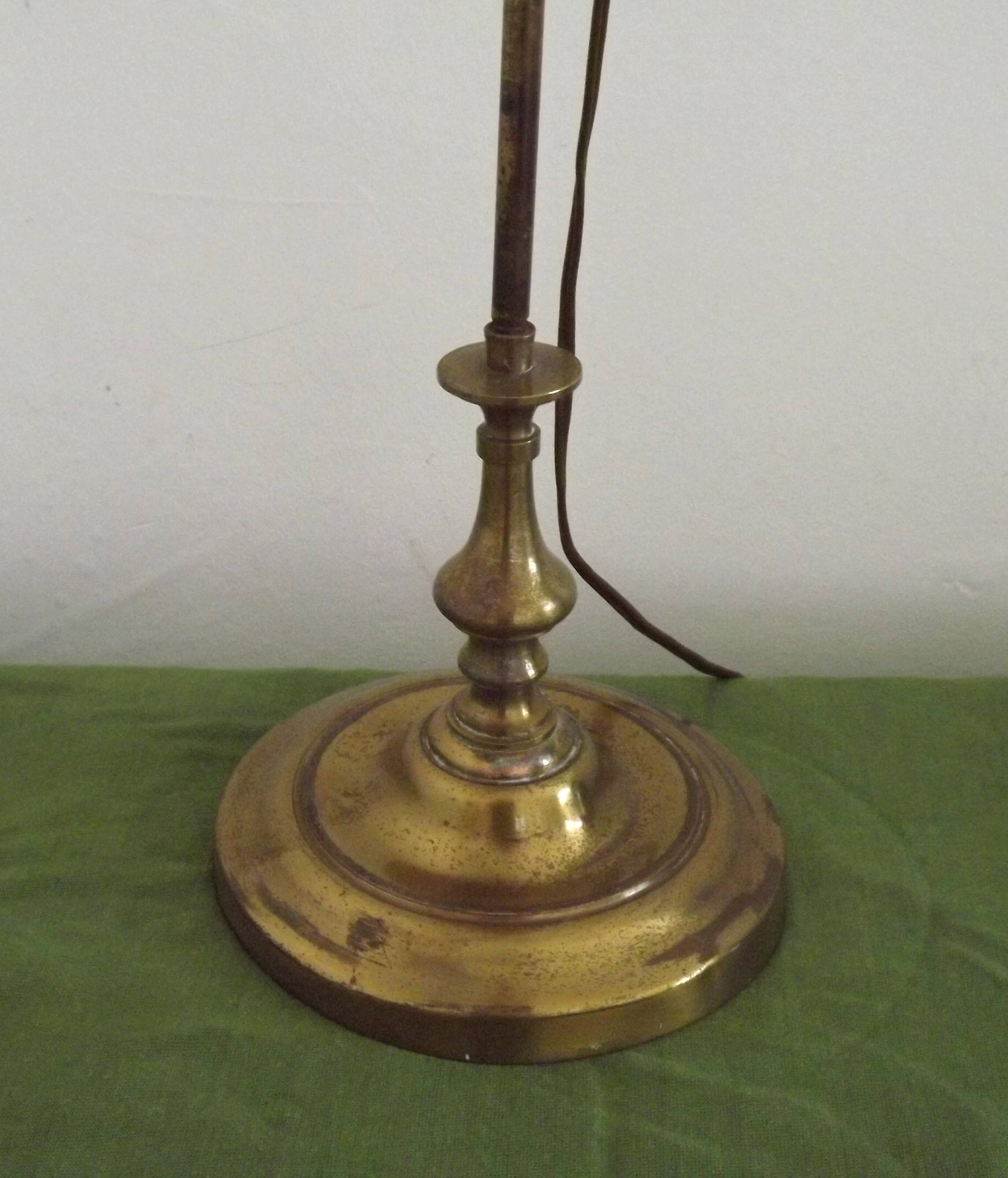 French Antique Brass Anglepoise Table Lamp Patterned Glass Pink Edged Shade 5131