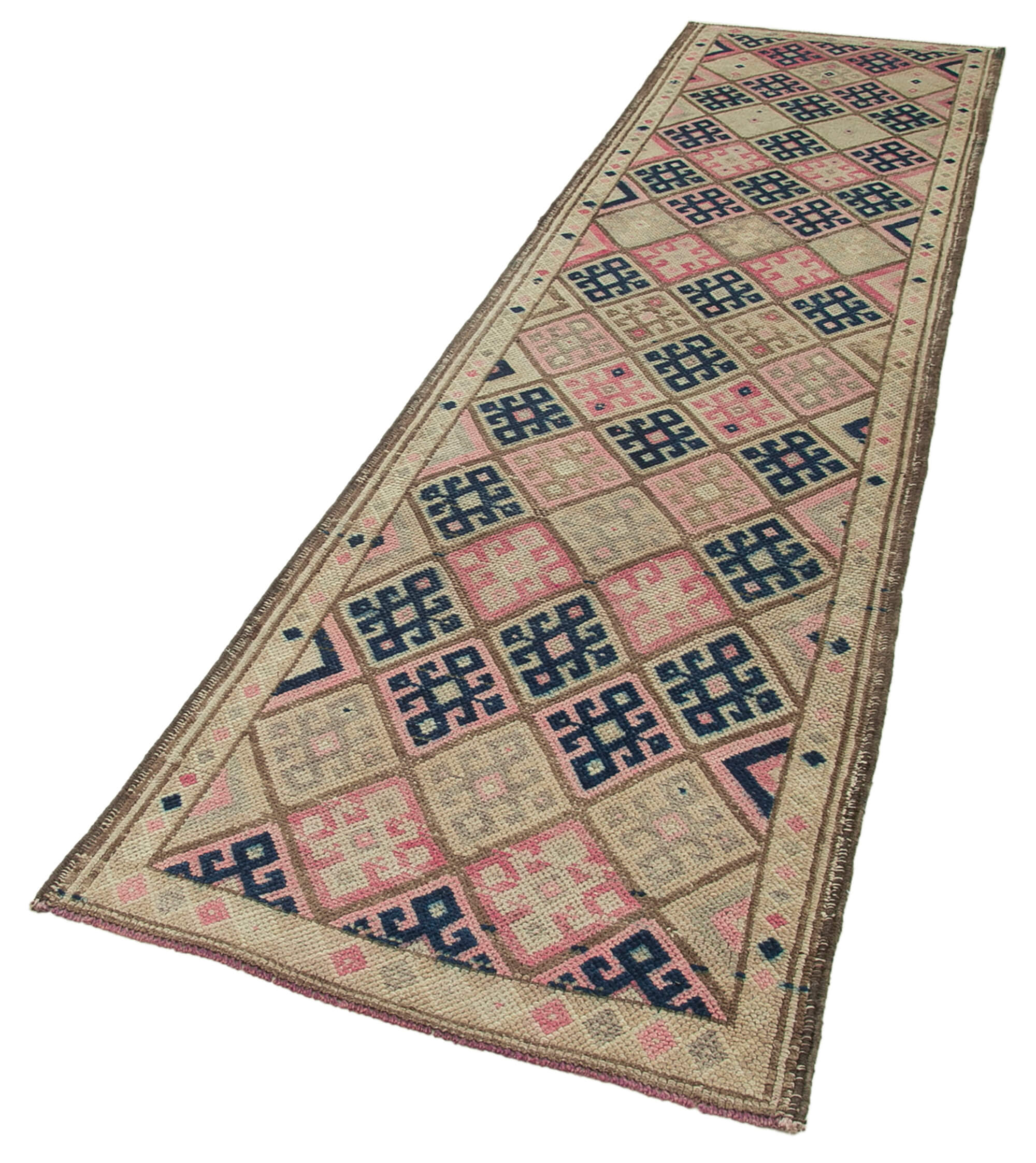 Handmade oriental beige runner rug 90 cm x 352 cm