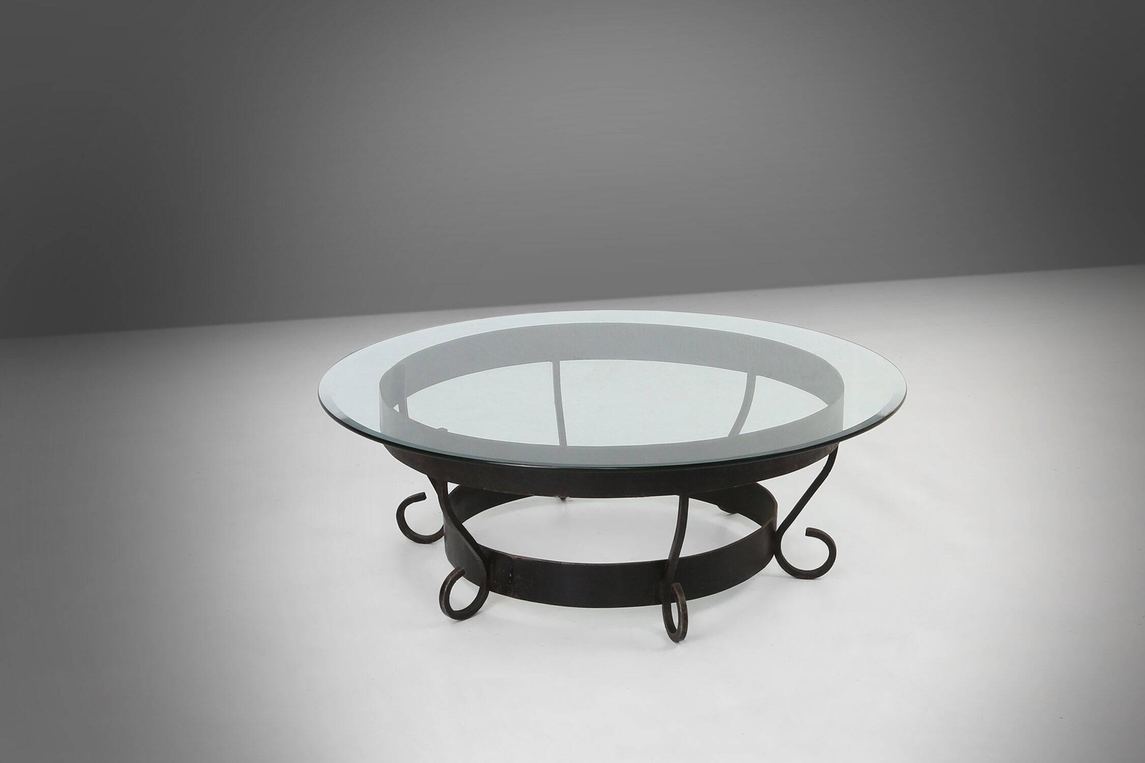 Round Coffee Table with Wrought Iron Base and Glass Top, France, 1930s
