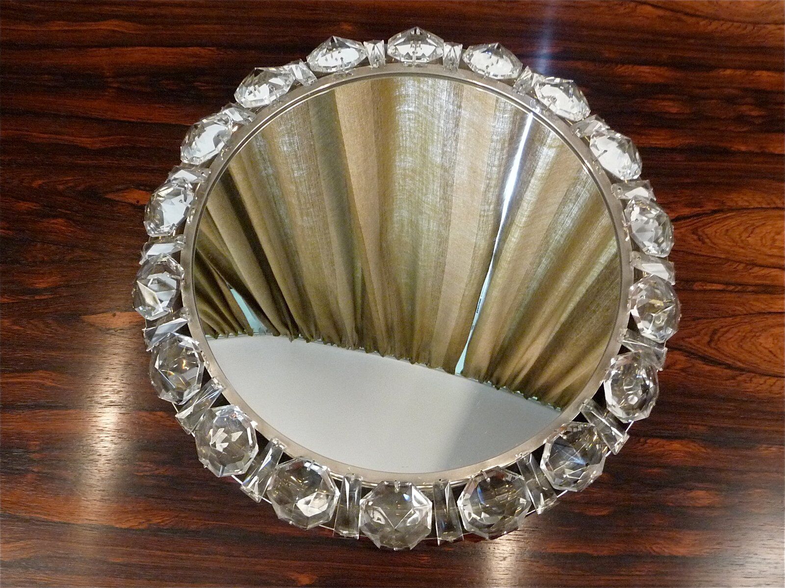Illuminated round crystal glass mirror from Palwa, West-Germany 1950s
