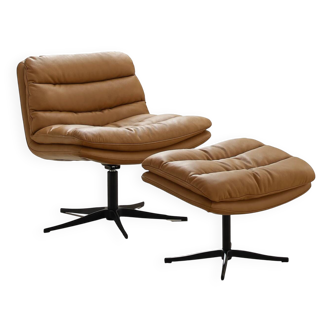 Fauteuil et ottoman en cuir camel