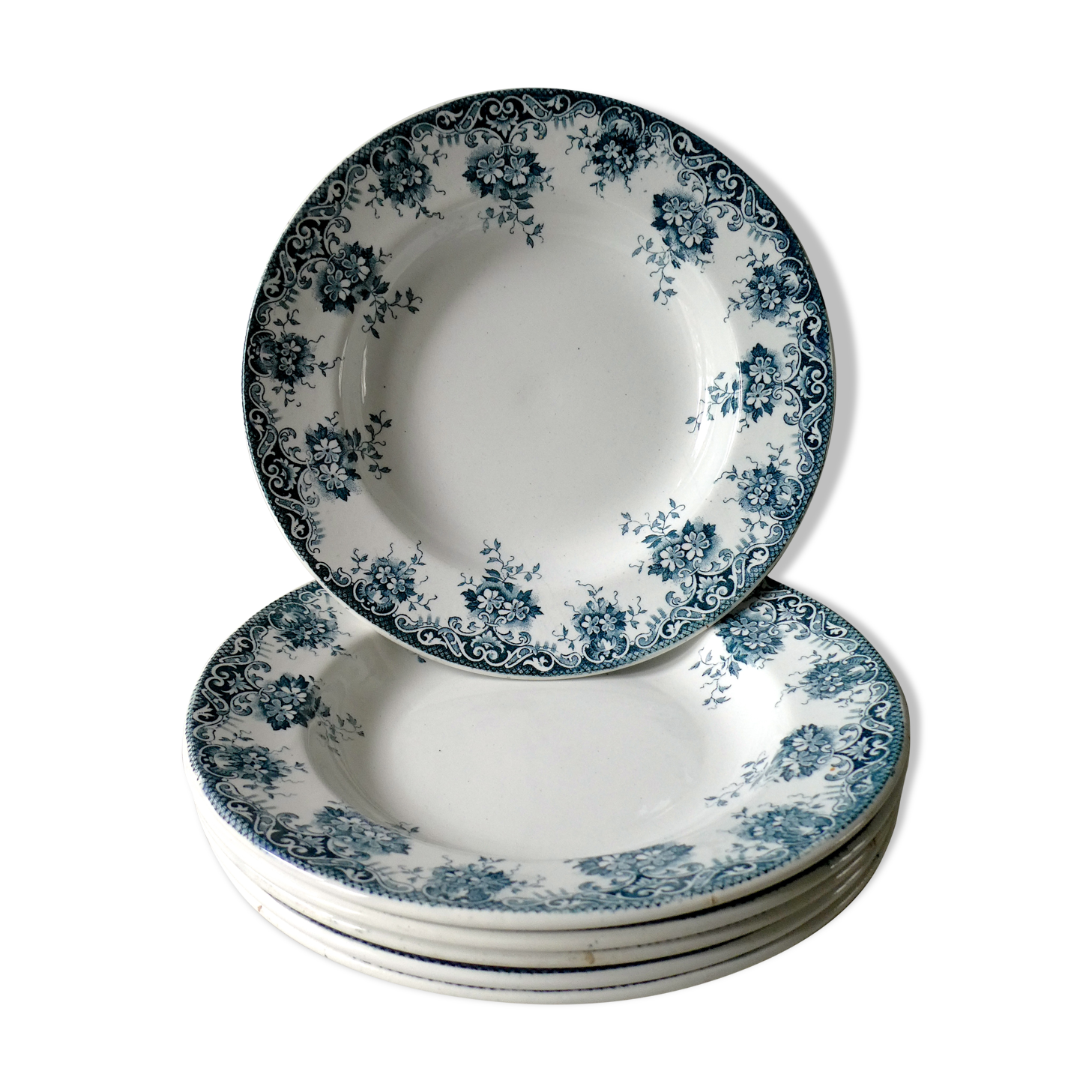 Set of 6 hollow plates, floral decor blue/green