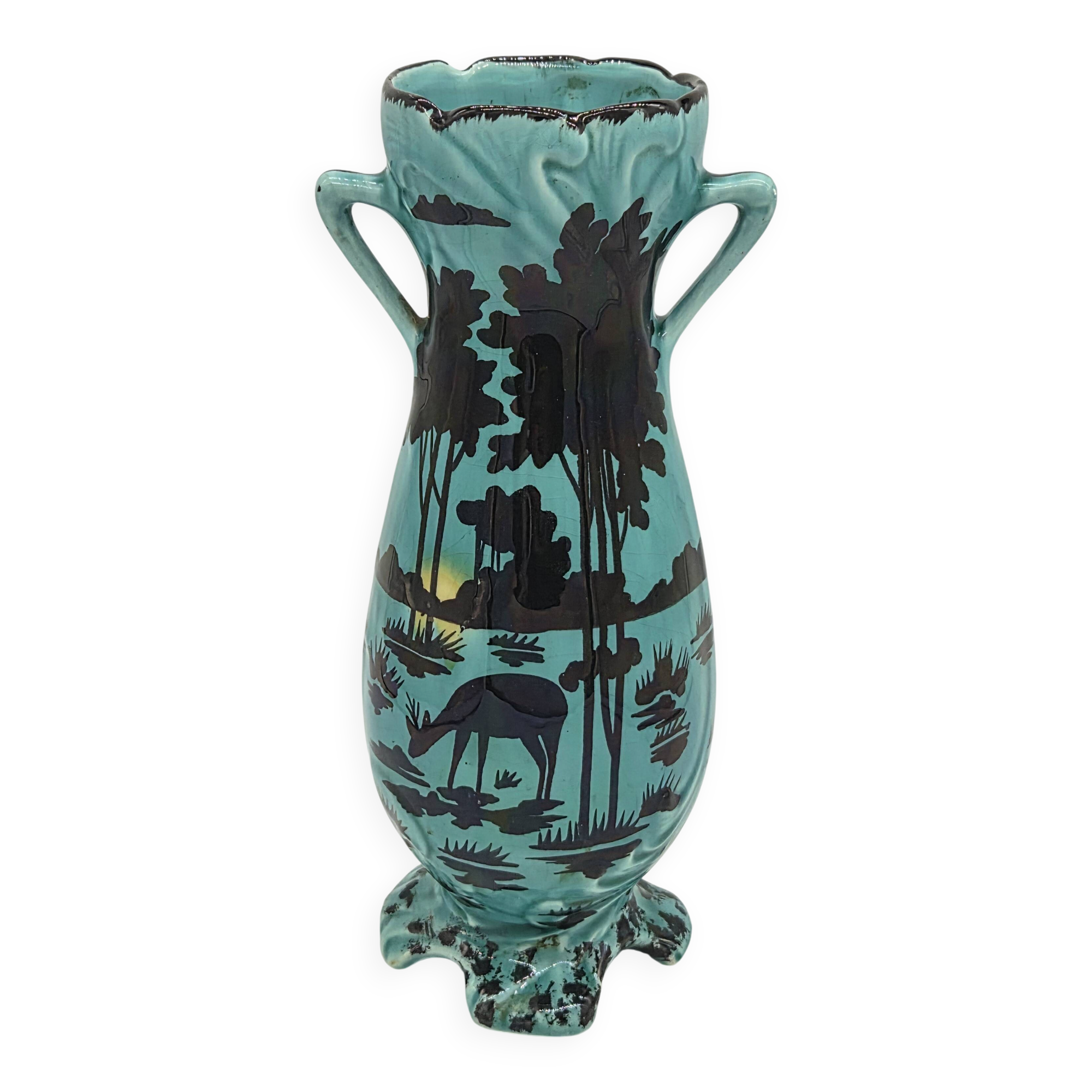 Art Deco turquoise vase with a deer design