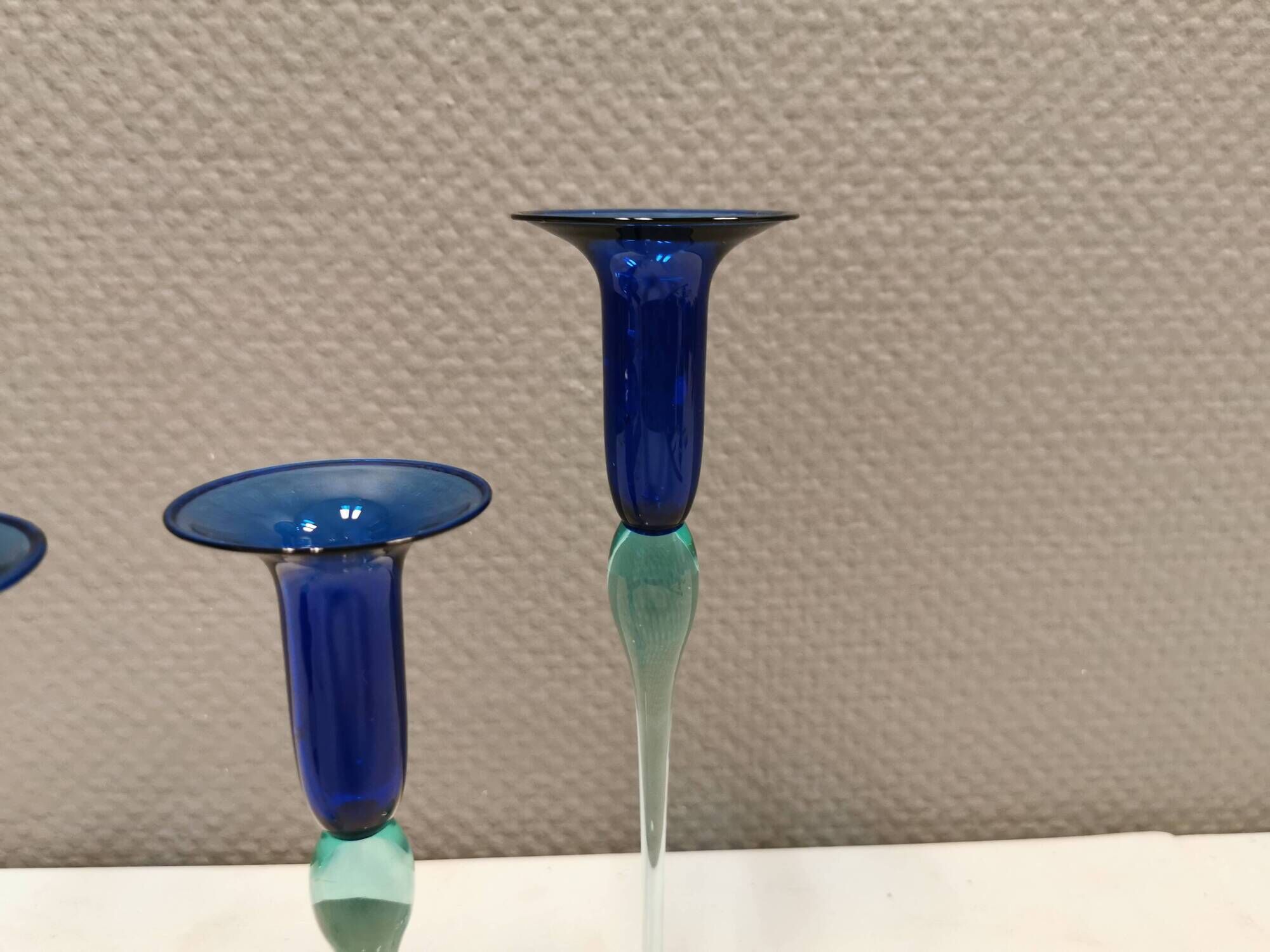 Royal Copenhagen set of 3 candle holders, model Harlequin in blue/turquoise glass.