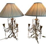 Pair of lamps, 3-light candlesticks, shabby chic, glass tassels, pendants, pleated fabric lampshade