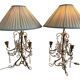 Paire lampes, bougeoirs 3 feux, shabby chic, pampilles en verre, pendeloques, abat-jour tissu plissé