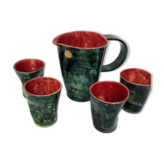 Art pottery of Val-de-Vie M.Clément pitcher with four cups dimension: height -20cm- l