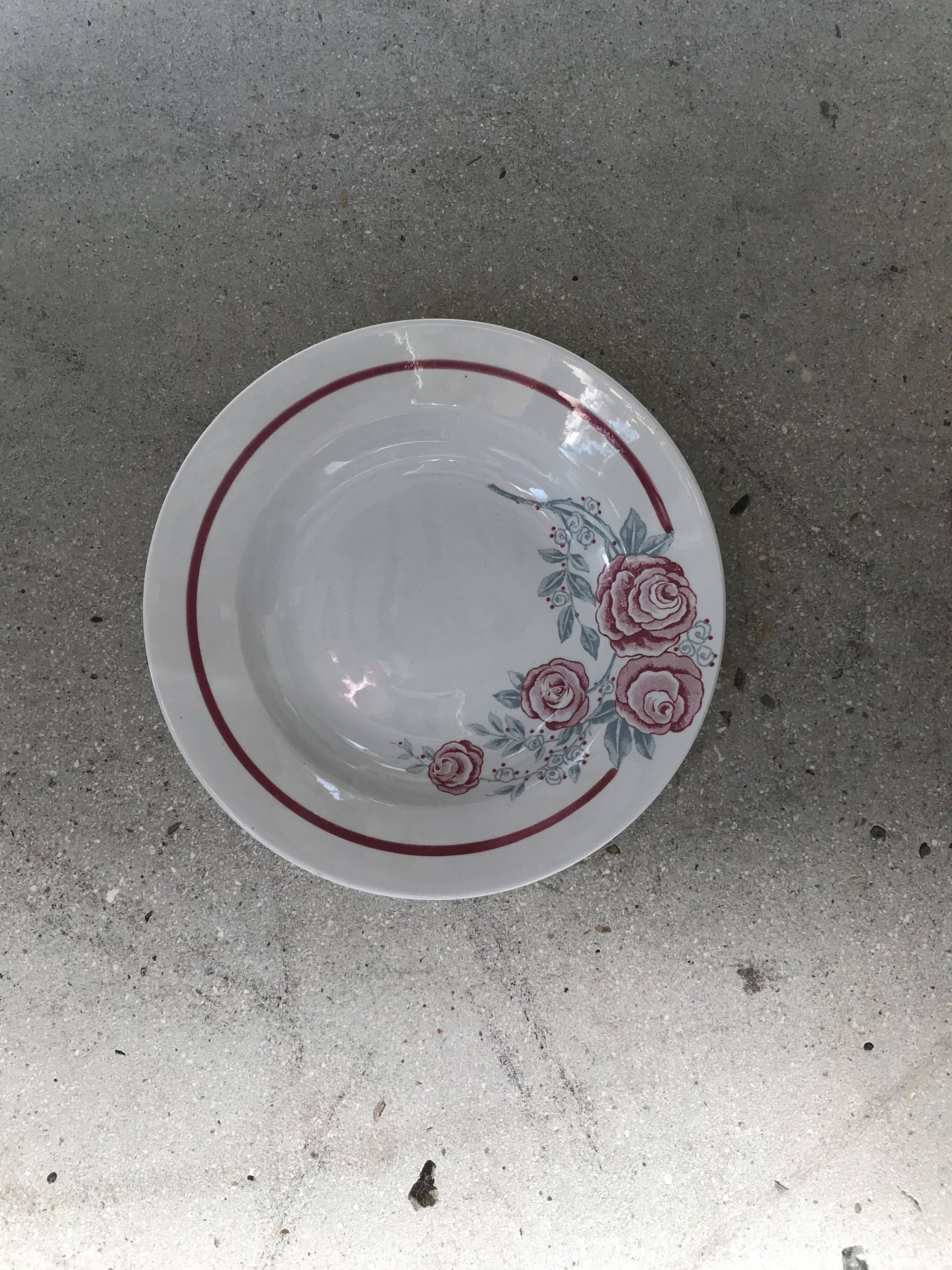 8 vintage Avranches earthenware plates decorated with roses