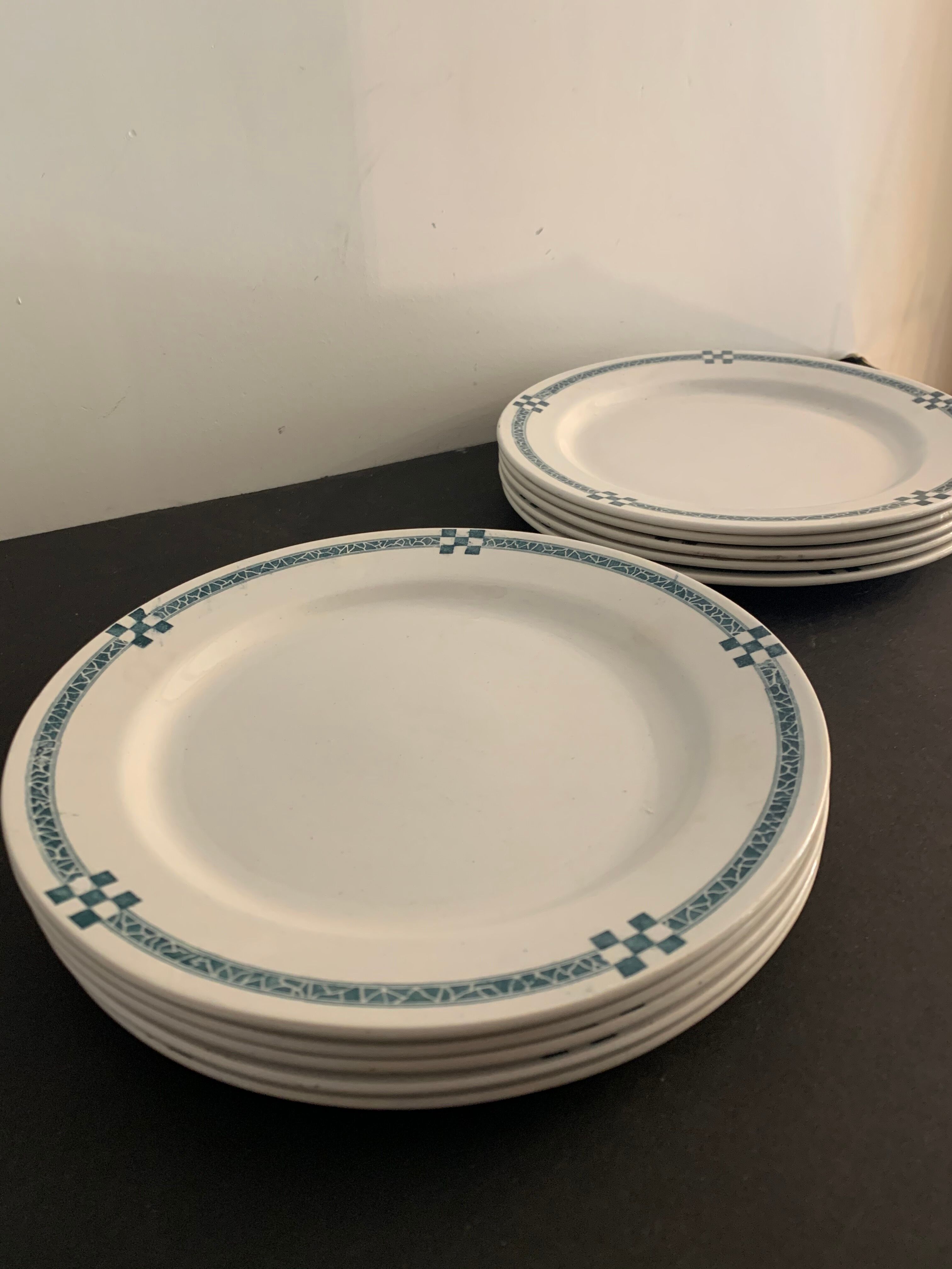10 flat plates art deco Creil and Montereau model Nancy blue green gray