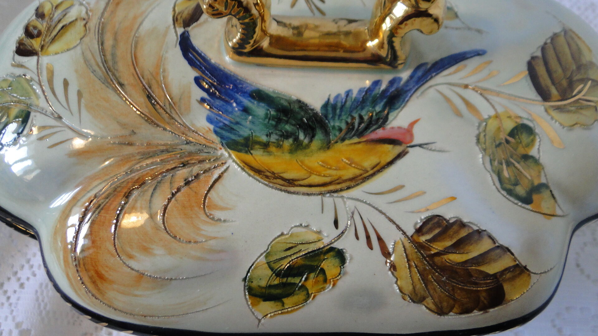 Vegetable soup tureen with old barbotine porcelain dish H.Becquet quarqueron