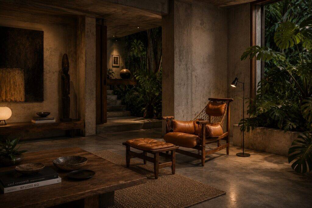 Jangada lounge chair with ottoman in cognac leather by Jean Gillon, Brazil, 1960s