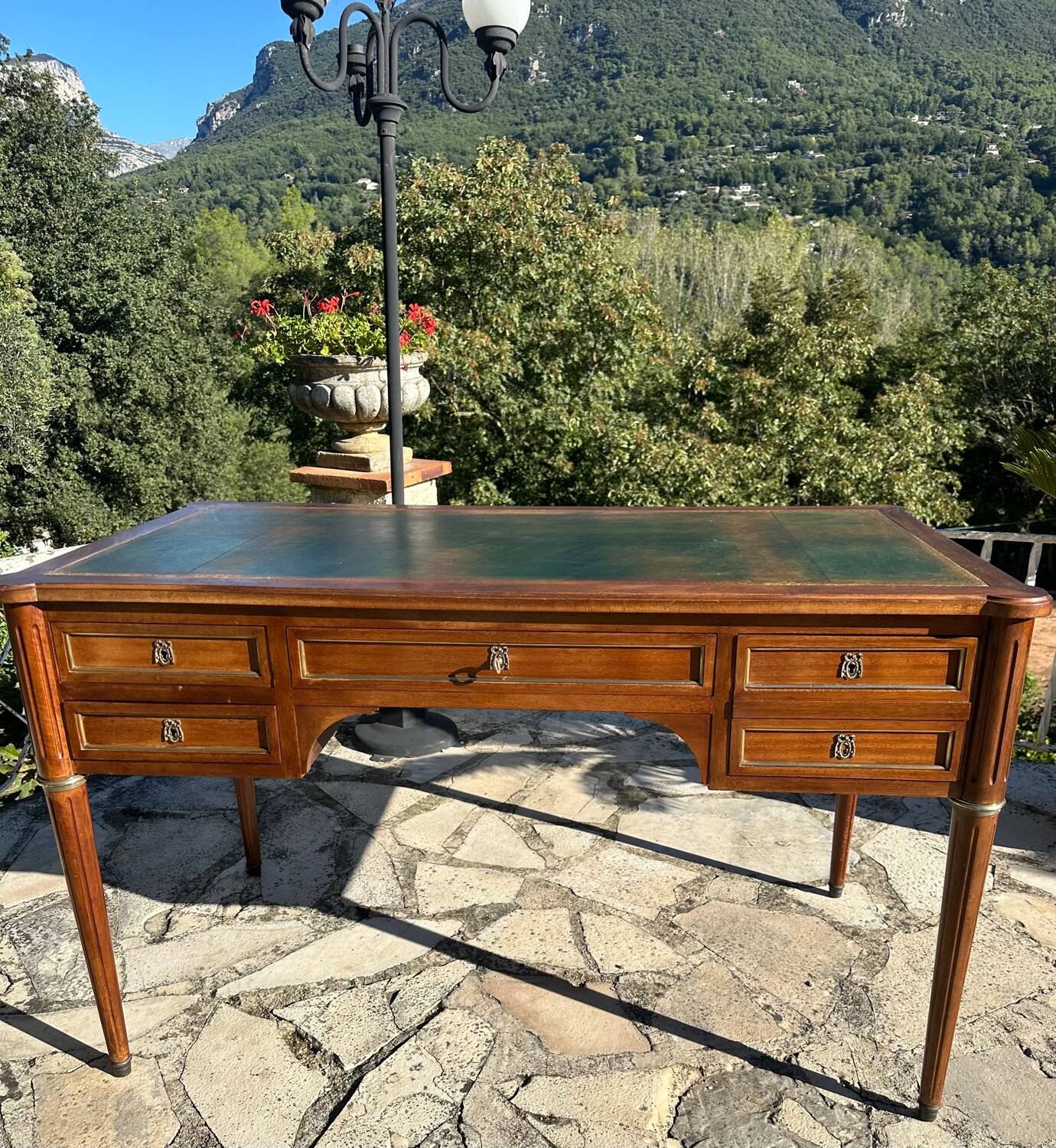 Louis XVI style solid mahogany and bronze flat desk, 19th century