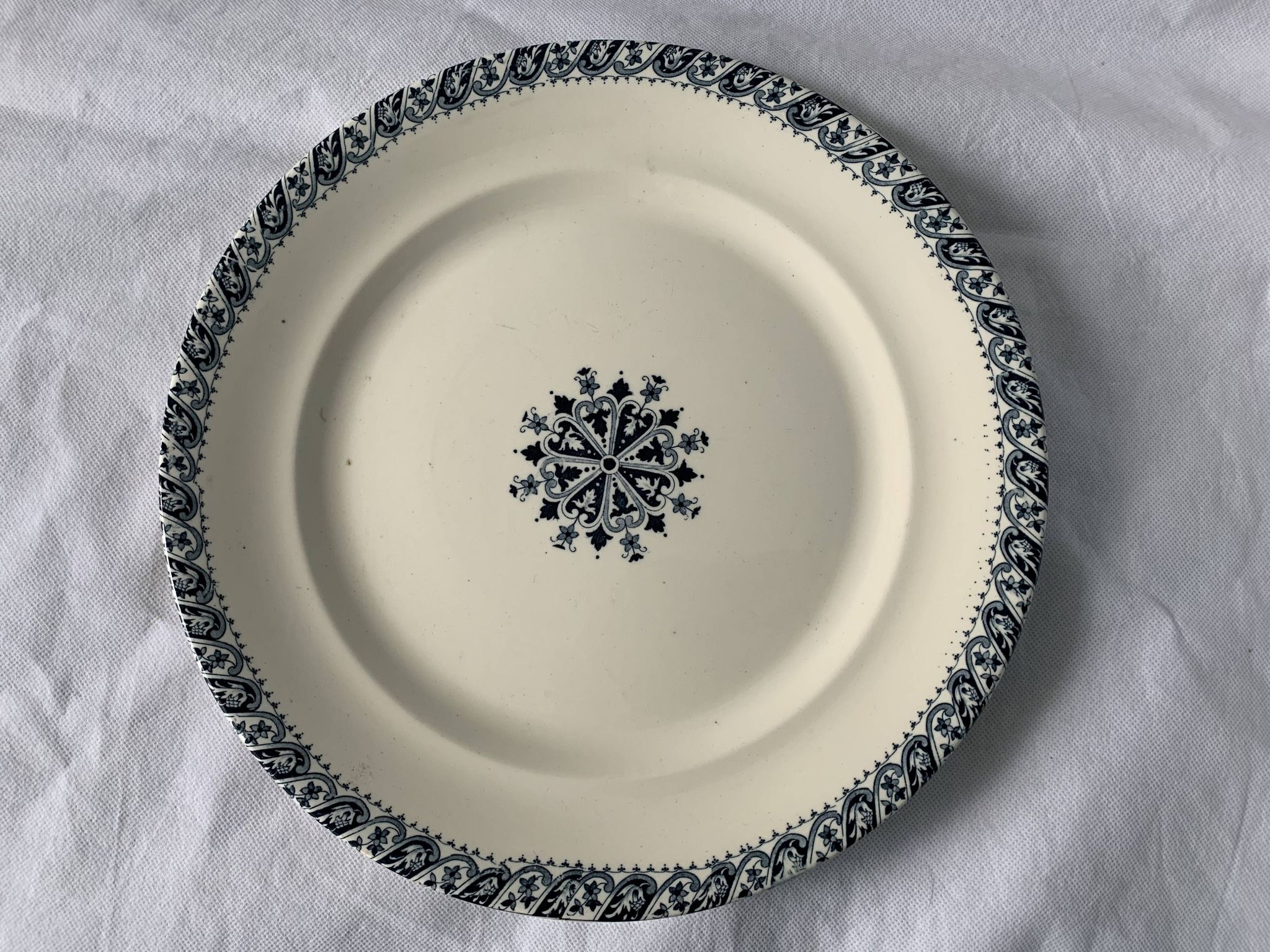 Lot of 12 old flat plates and 2 dishes, Terre de fer Henri II Salins