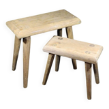 Set of 2 solid wood stools in French brutalist style.
