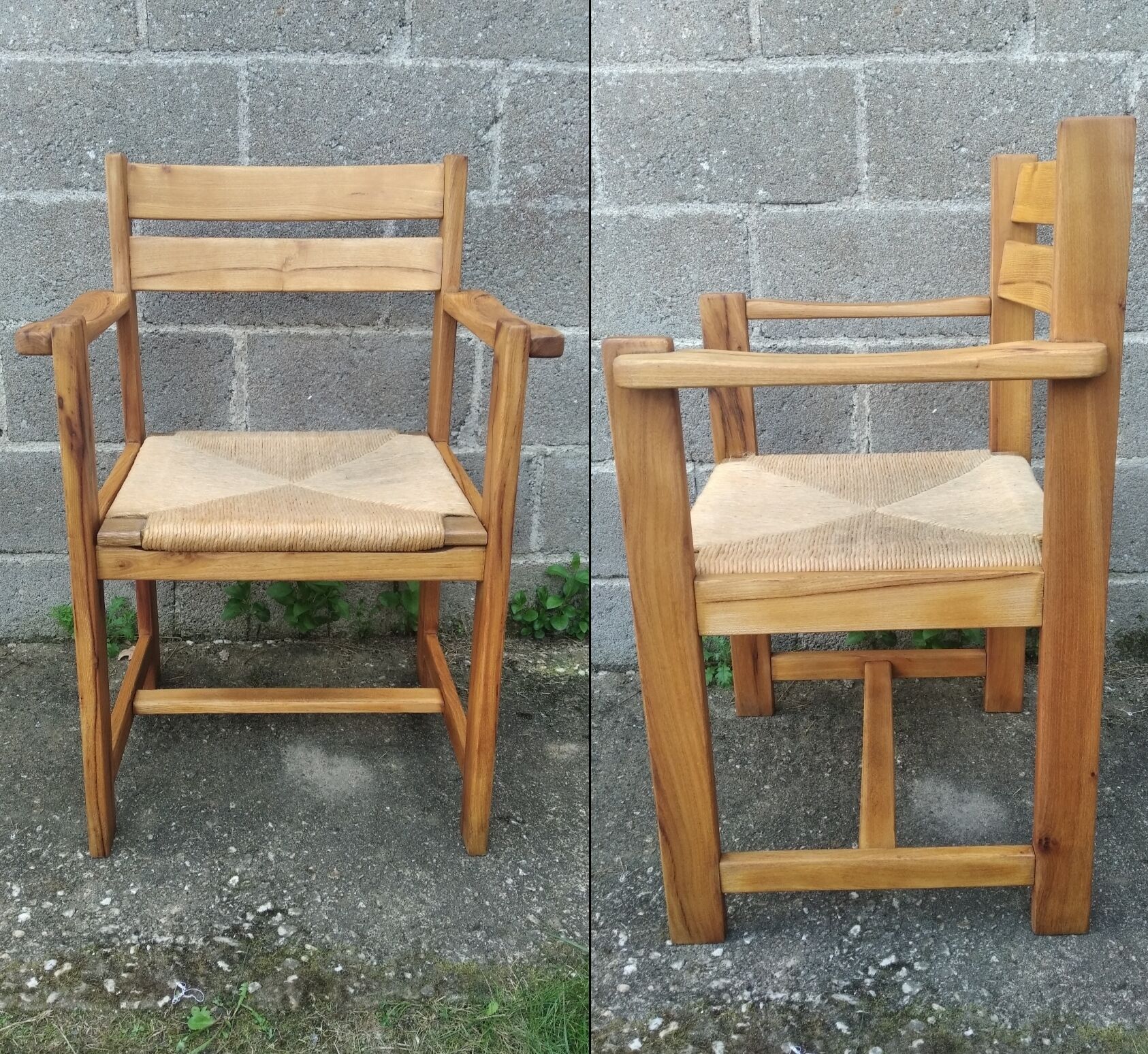 Paire de fauteuils années 50 paille et bois