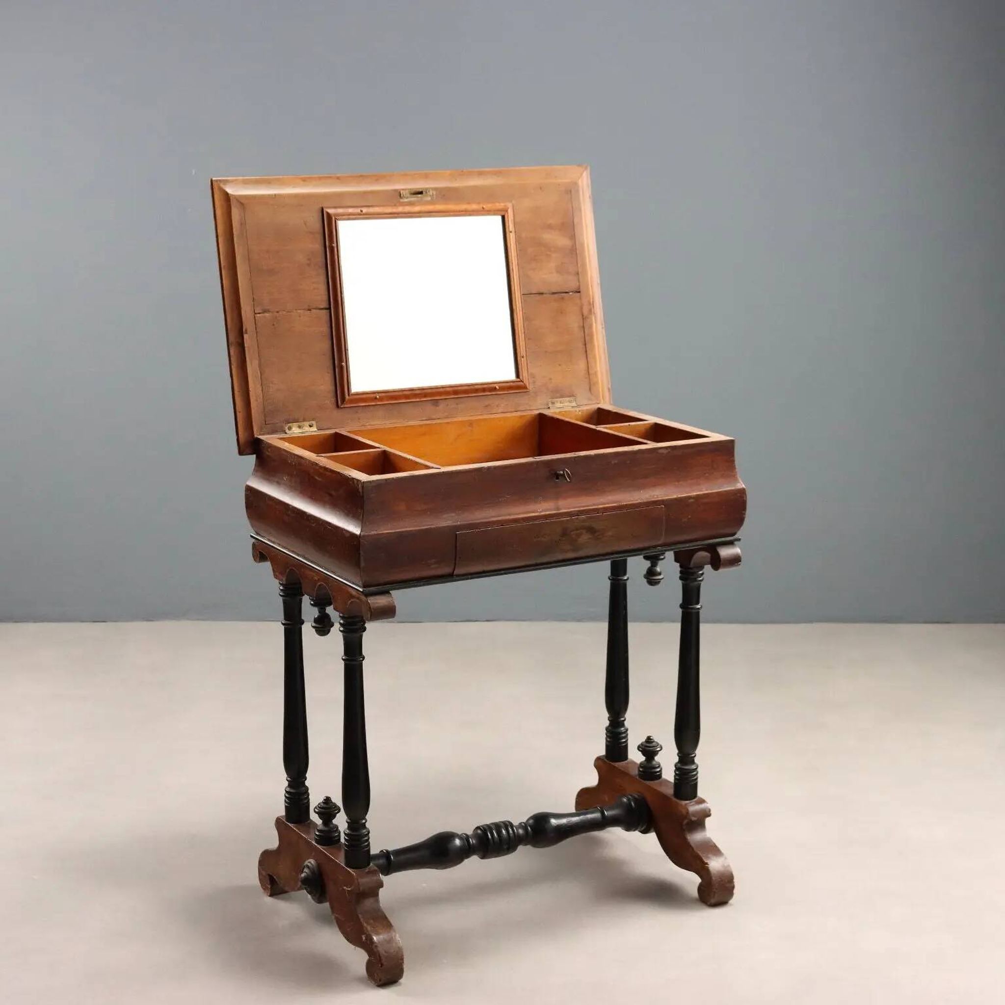 Antique sewing table in painted poplar with walnut effect, Italy, late 19th century.