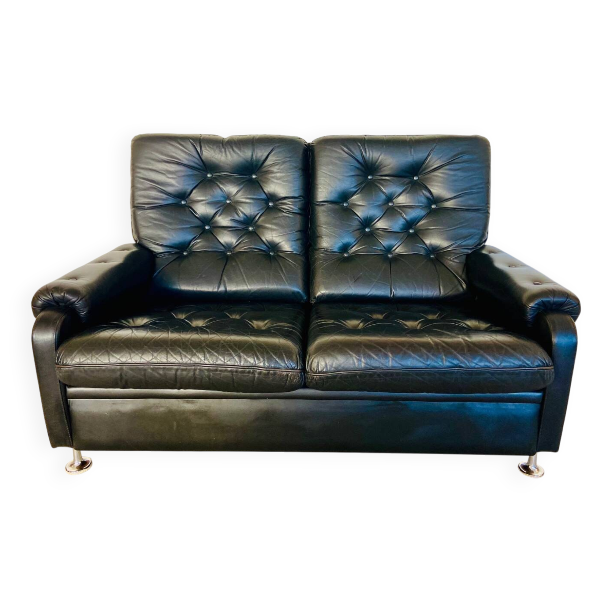 Canapé en cuir noir à boutons, vintage rétro danois pour 2 personnes, années 1970.