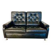 Canapé en cuir noir à boutons, vintage rétro danois pour 2 personnes, années 1970.