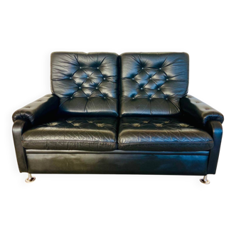Vintage retro Danish 2 person black buttoned leather sofa 1970s