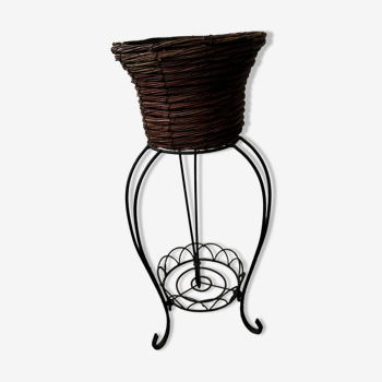 Wrought iron and rattan plant holder