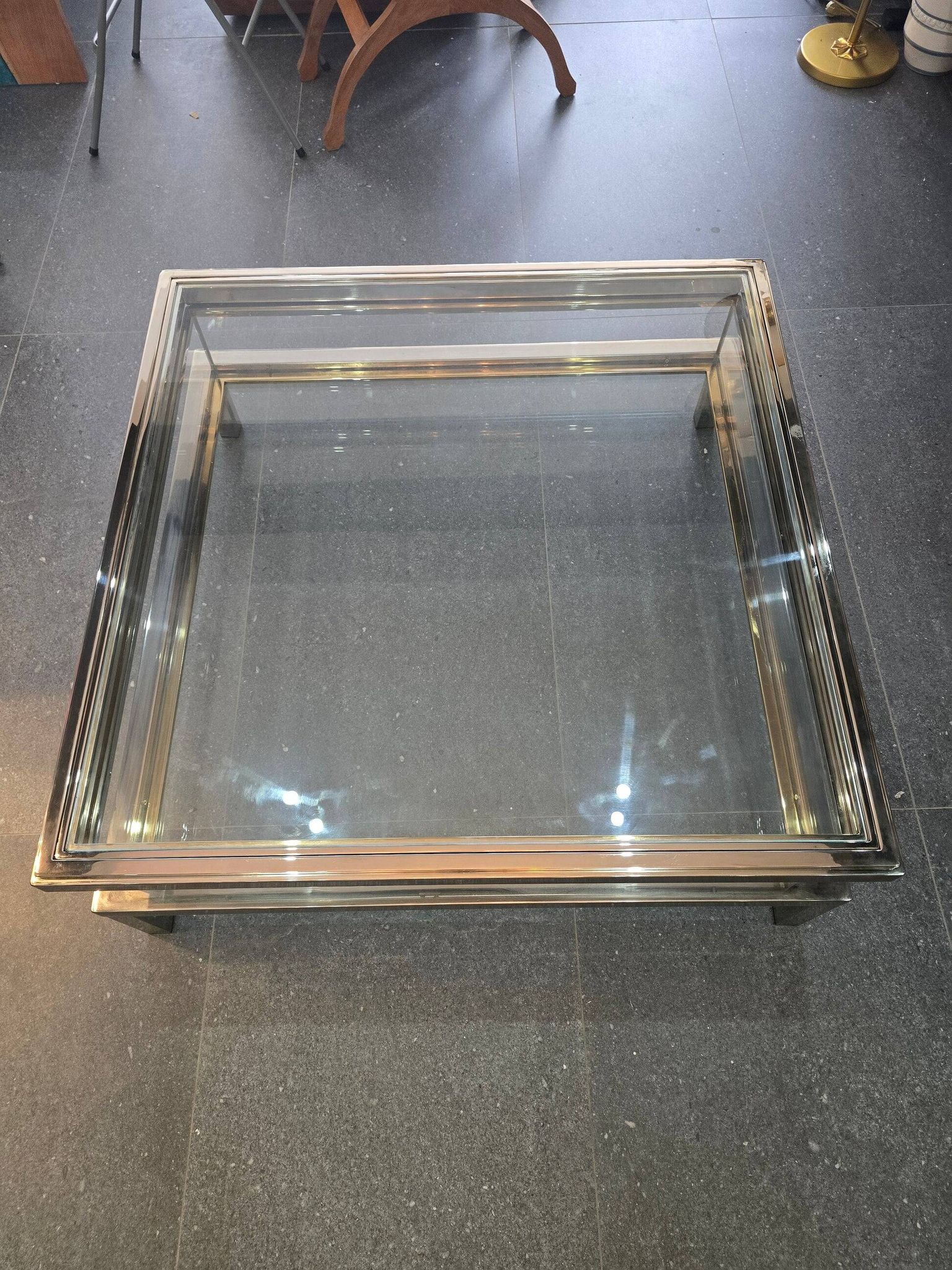 Sliding top coffee table – 70s design – chrome & glass – 108 cm