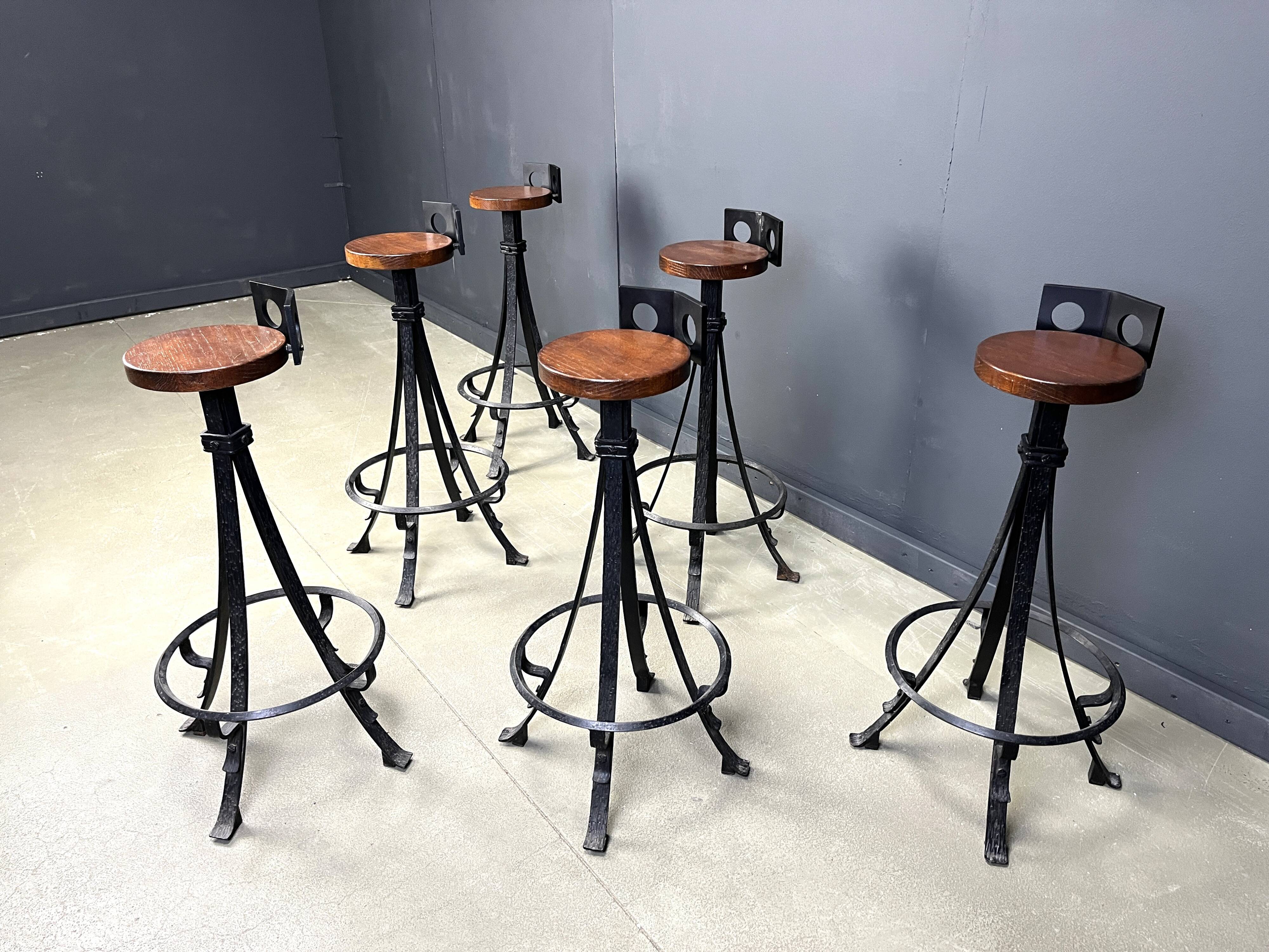Vintage brutalist wrought iron bar stools, 1970s - set of 6