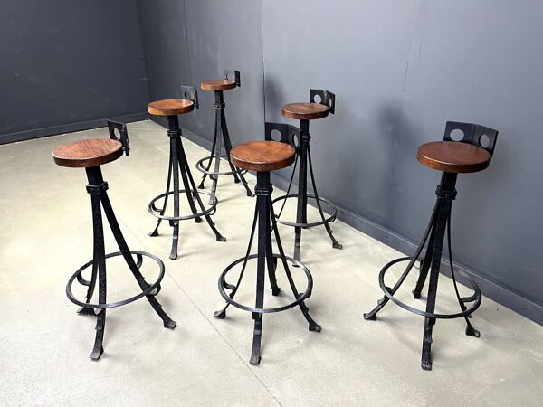 Tabourets de bar vintage brutalistes en fer forgé, années 1970 - lot de 6