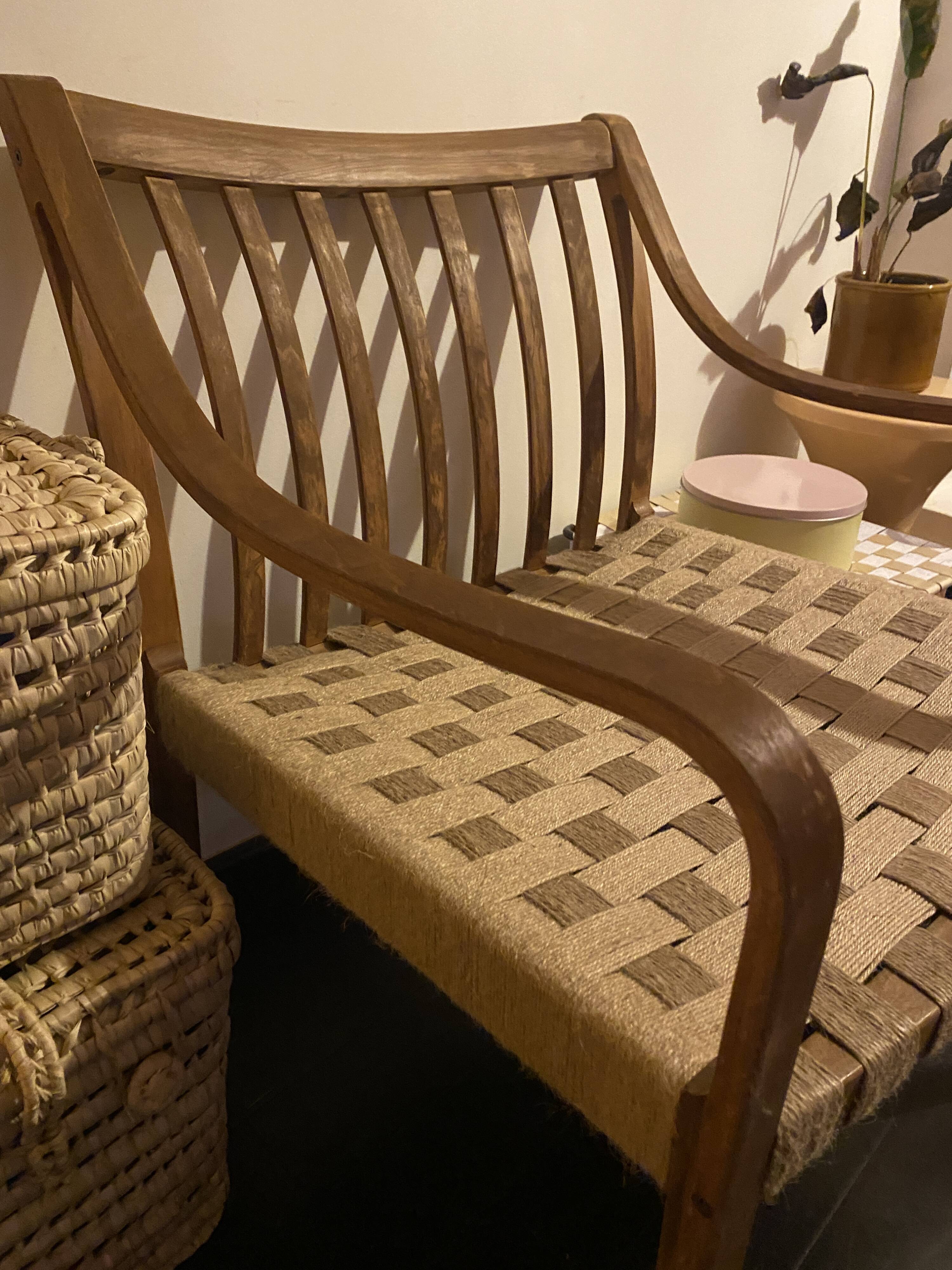 Restored wooden armchair - seat in woven jute