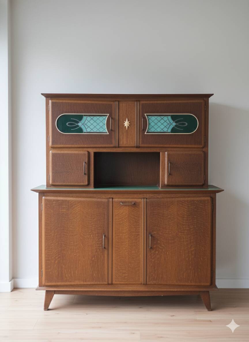 Vintage 1950s Mado sideboard - two sections - patinated wood & art deco glass
