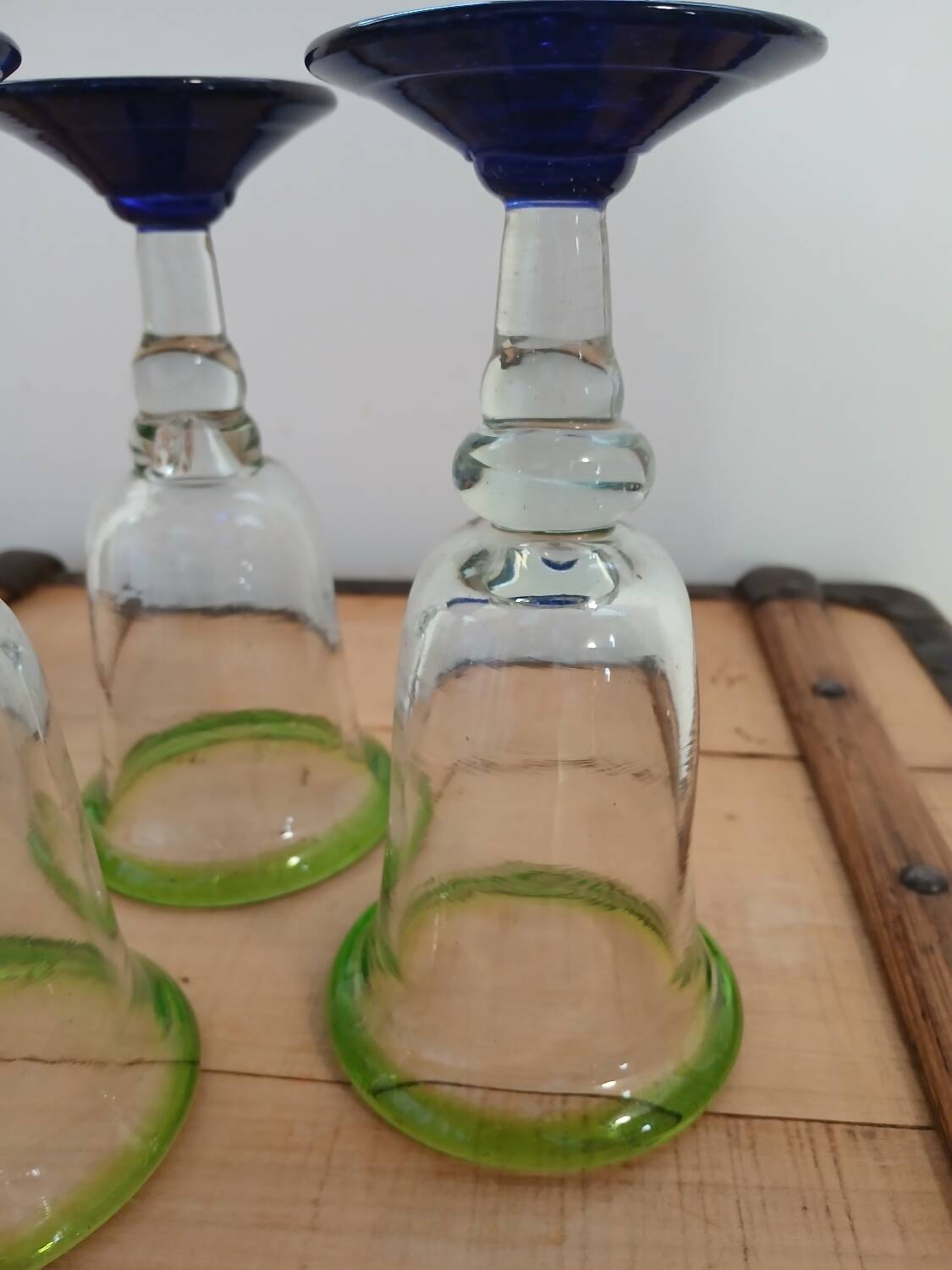3 stemmed glasses in bubble and blown glass