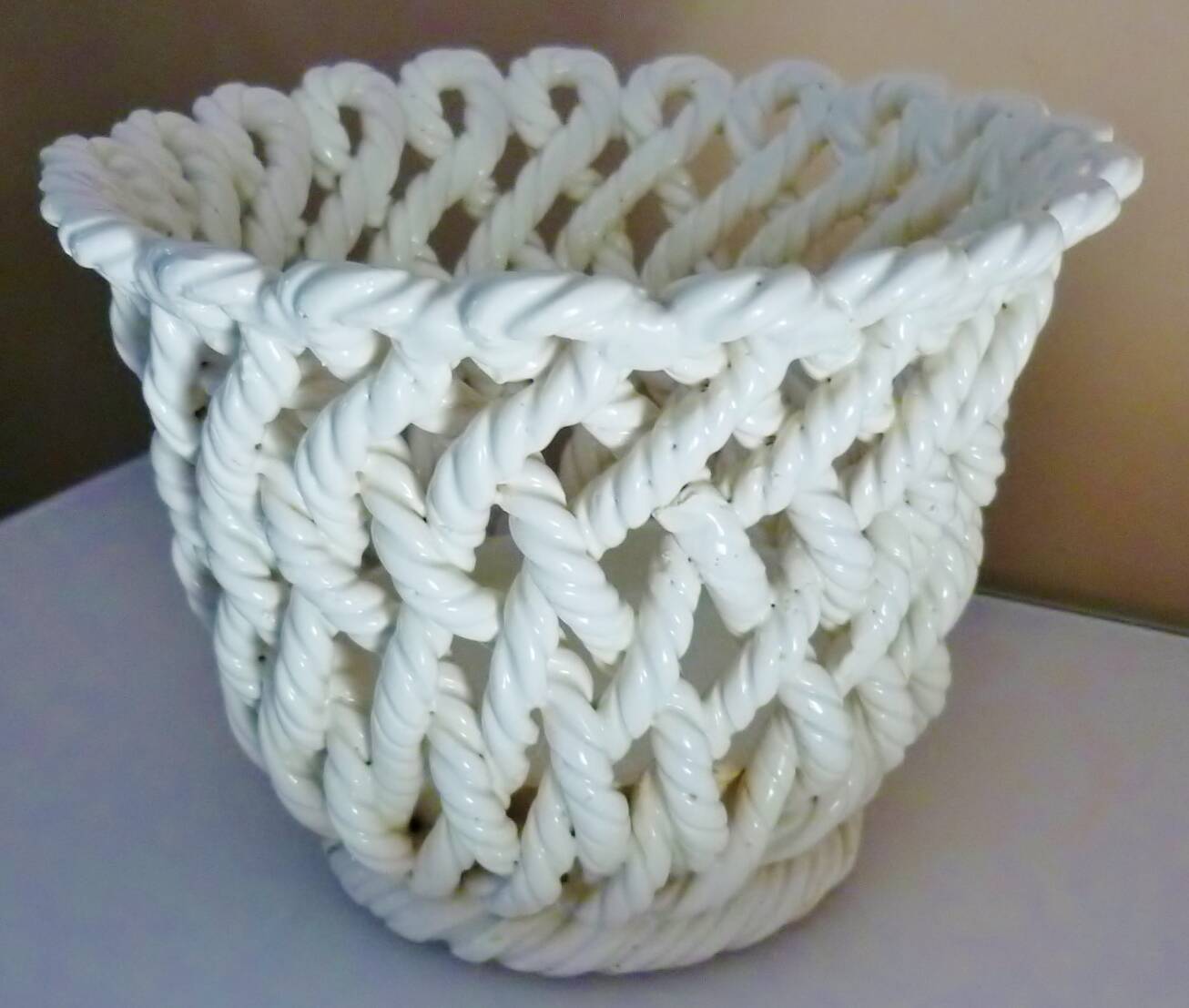 White enameled ceramic pot cover, braided, openwork, vintage