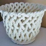 White enameled ceramic pot cover, braided, openwork, vintage