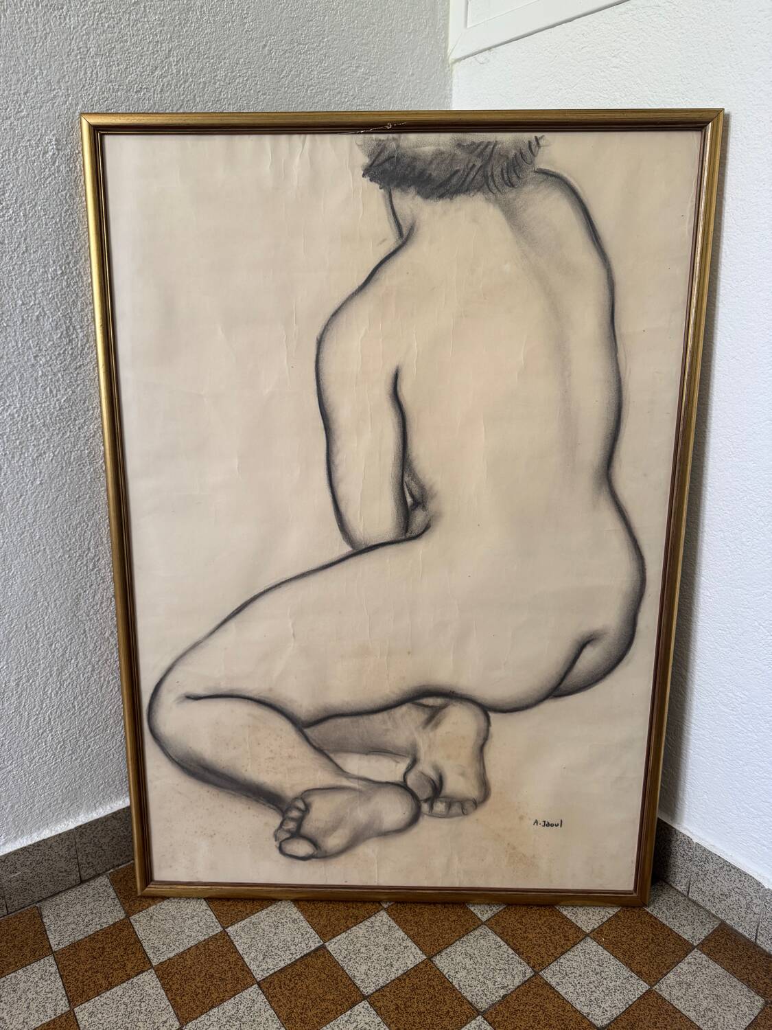 Large nude charcoal painting by André Jaoul