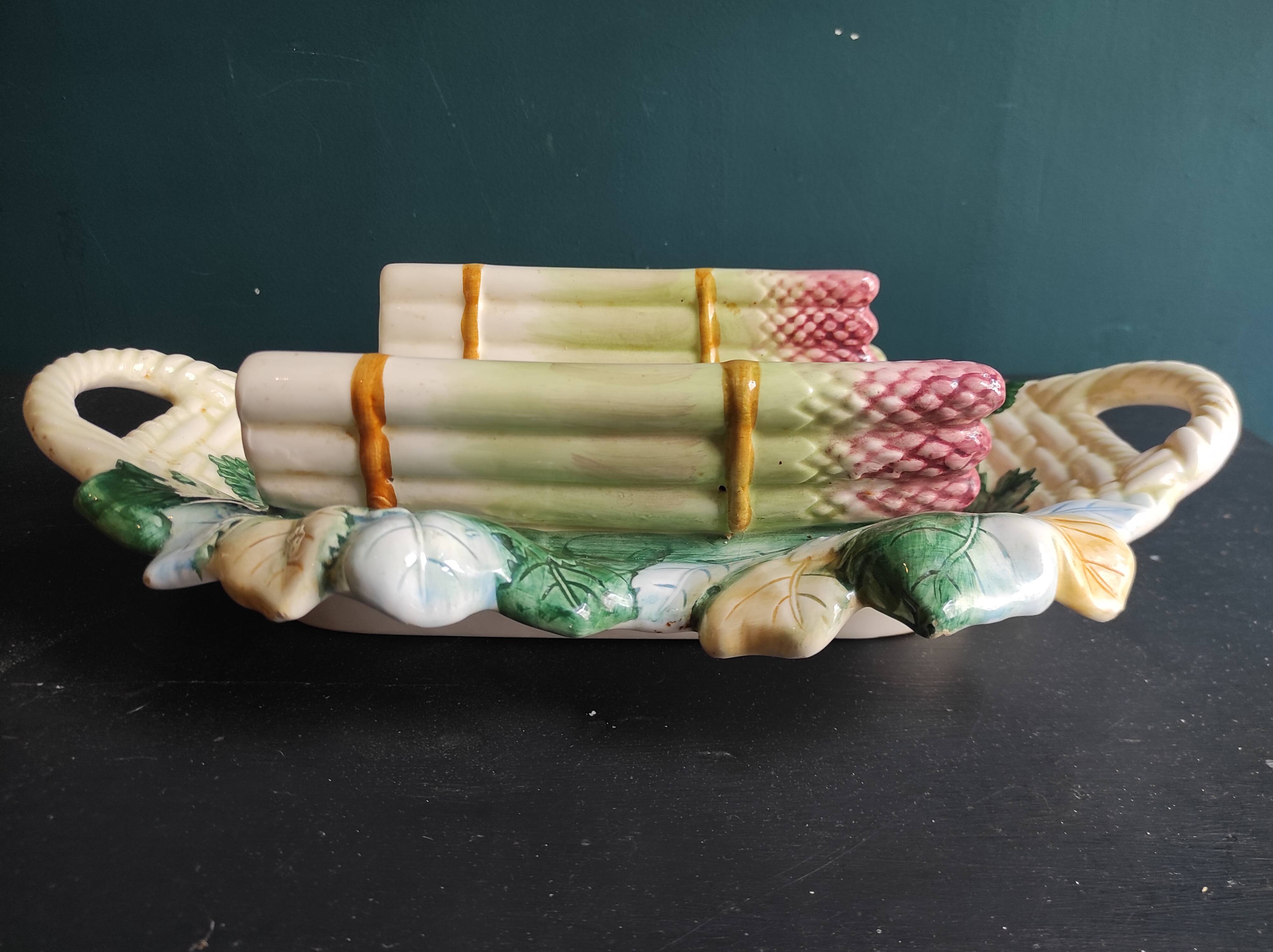 Vintage French asparagus serving tray in Majolica