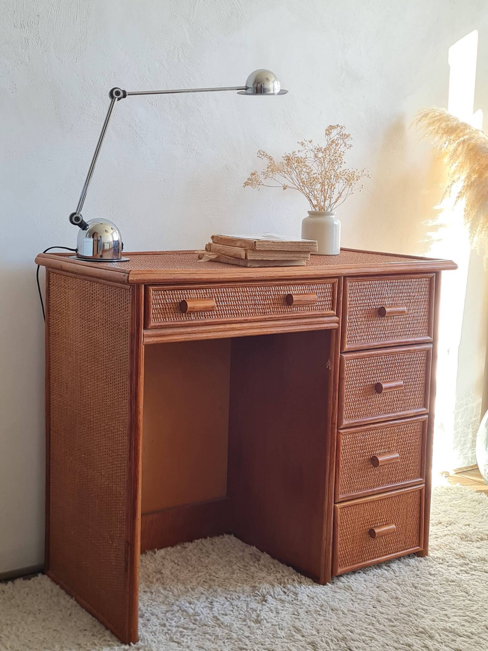 Vintage rattan desk from the 1970s.
