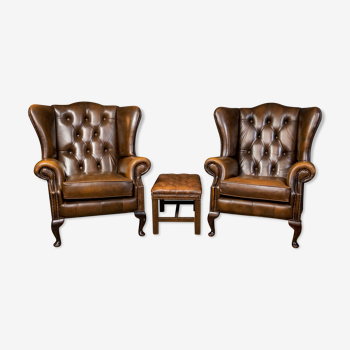 Set of Chesterfield armchairs with footstool