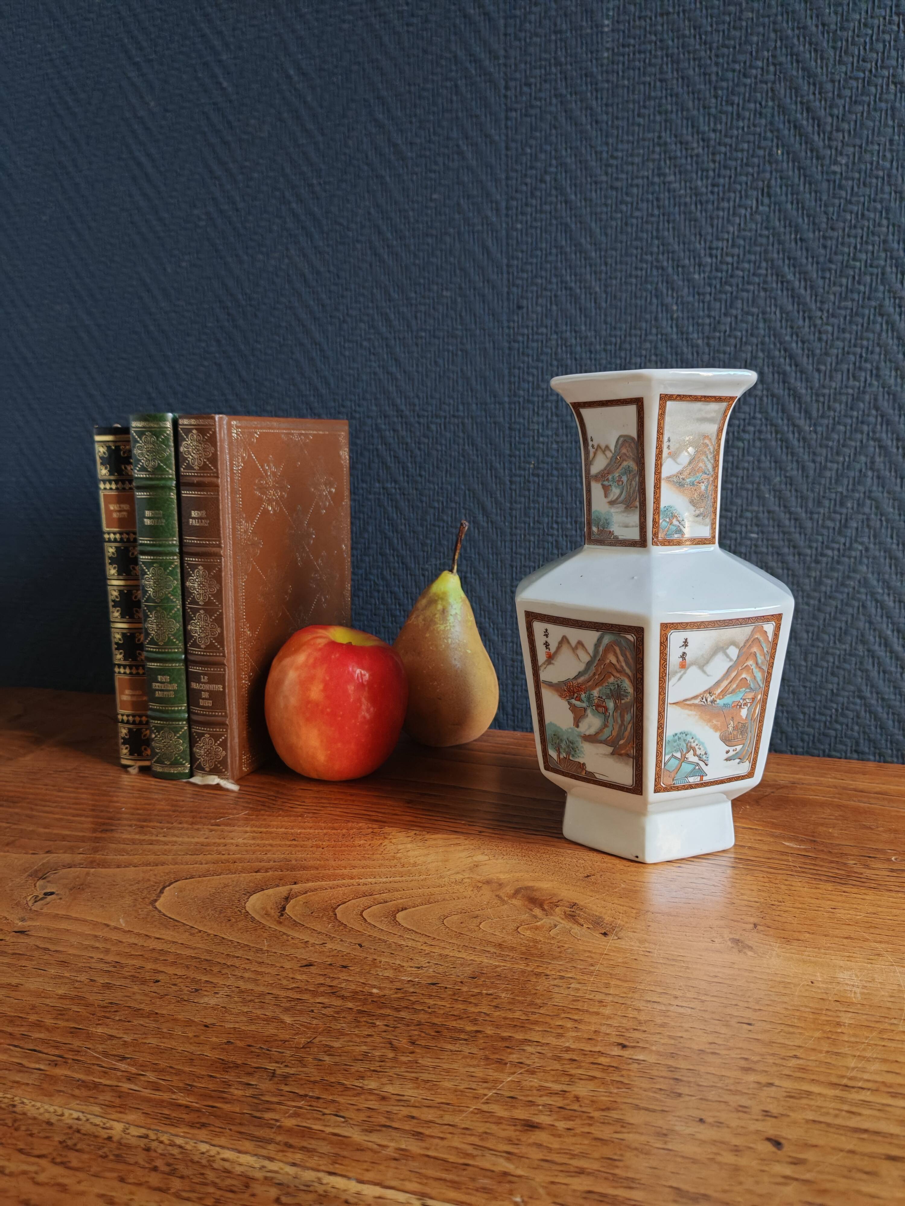 Vintage Hexagonal Japanese Porcelain Vase – Landscape Decoration