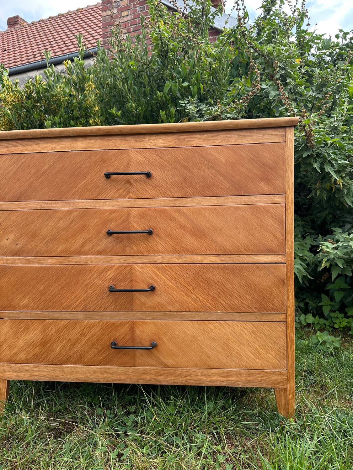 Vintage Scandinavian wooden chest of drawers with herringbone pattern - 4 drawers
