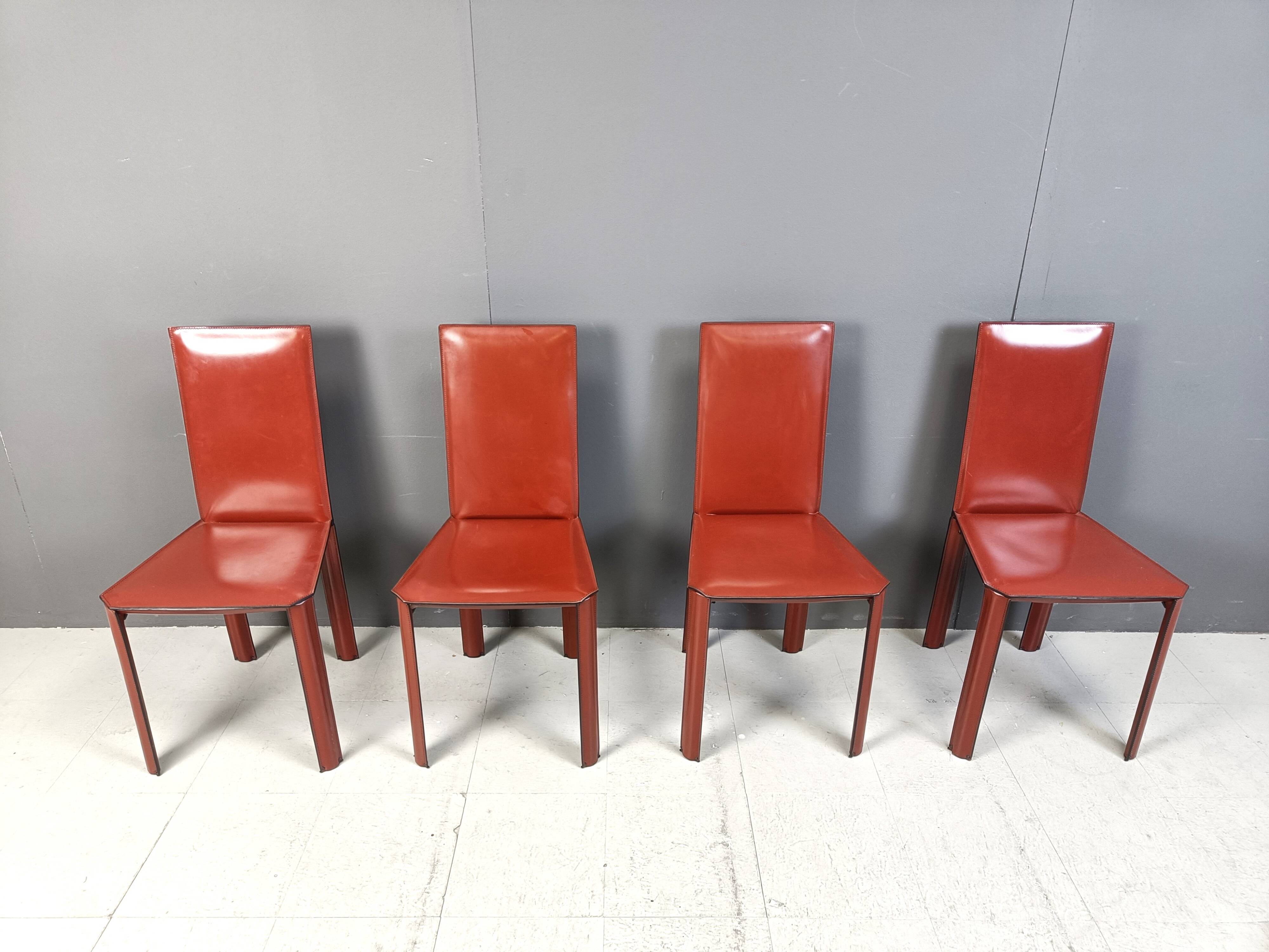 Red leather dining chairs by De Couro Brazil, 1980s - set of 4
