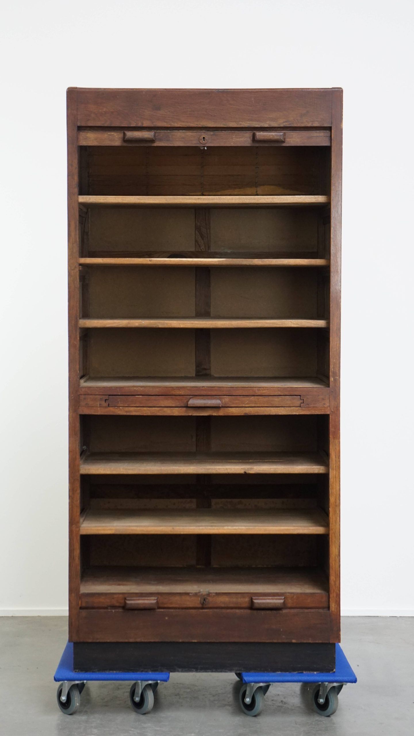 Antique oak notary cabinet with two roller doors and a working lock