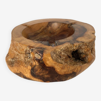 Brutalist ashtray in olive wood from the 70s