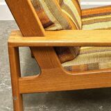 Vintage large elm wood lounge chair with original fabric, 1970s France