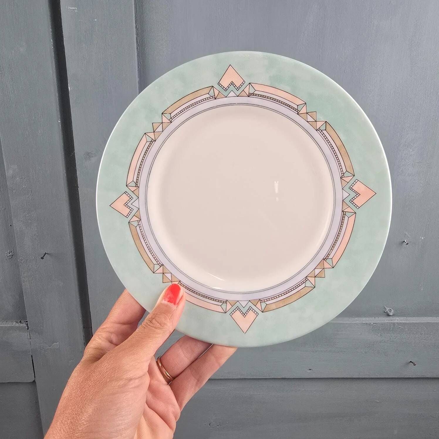 Set of 12 vintage pastel geometric dessert plates ESSO.