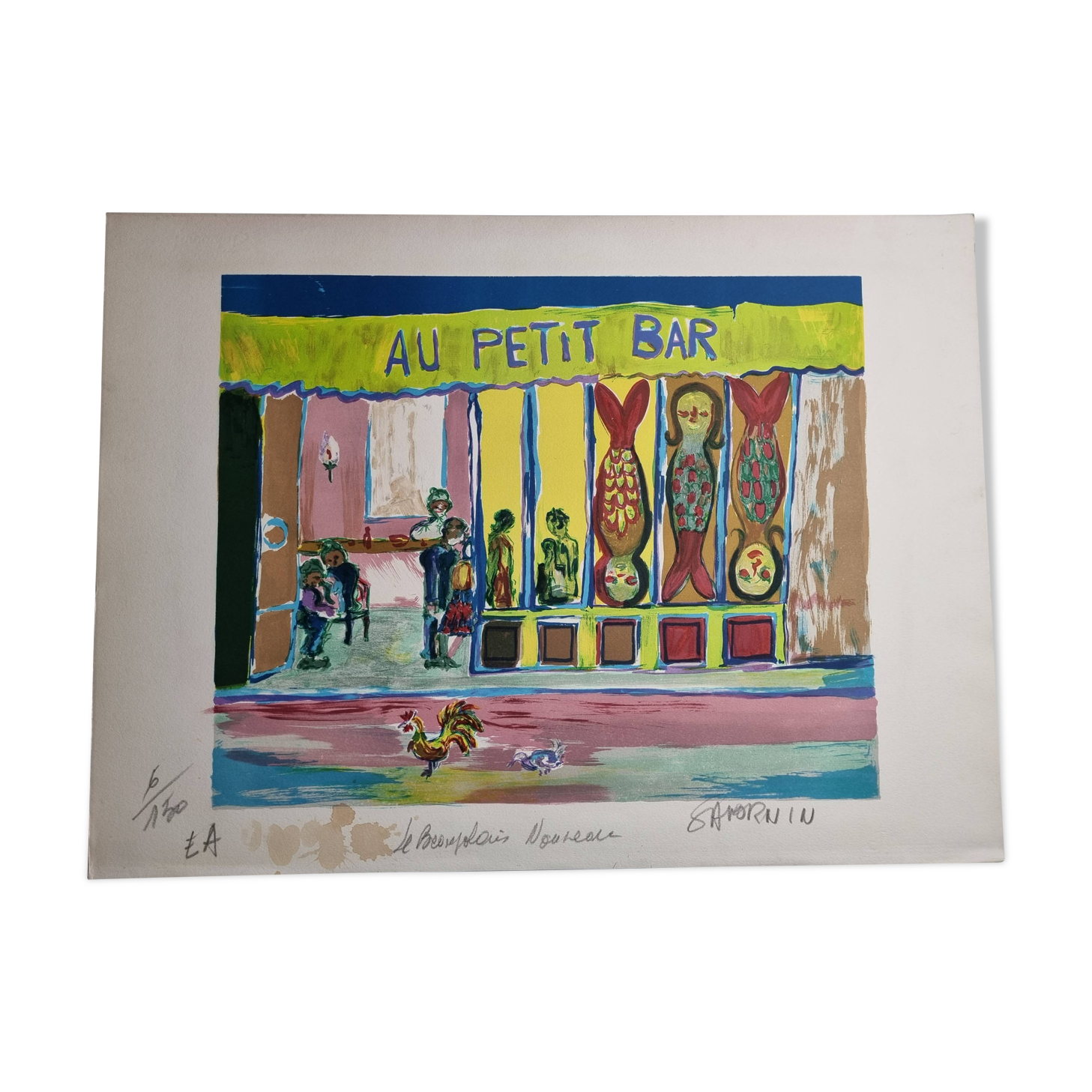 Lithograph, at the little bar, Beaujolais Nouveau, artist's proof, numbered signed, 76 x 55 cm