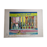 Lithograph, at the little bar, Beaujolais Nouveau, artist's proof, numbered signed, 76 x 55 cm